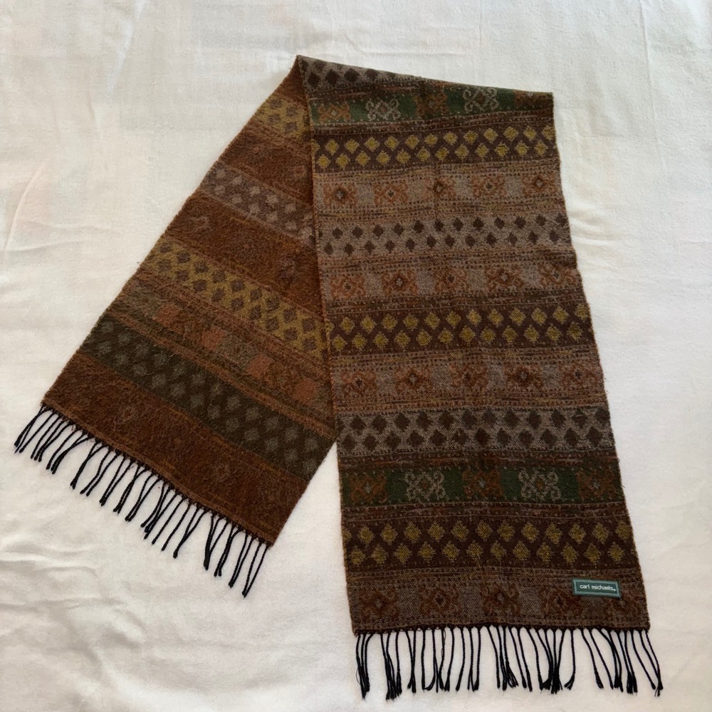 Carl Michaels Earth Tone Geometric Fringed Scarf Brown Green Mustard Yellow Fall